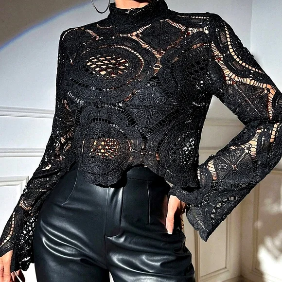 New Chic Embroidered Lace Mock Top Blouse Long Sleeve Black - Picture 2 of 8